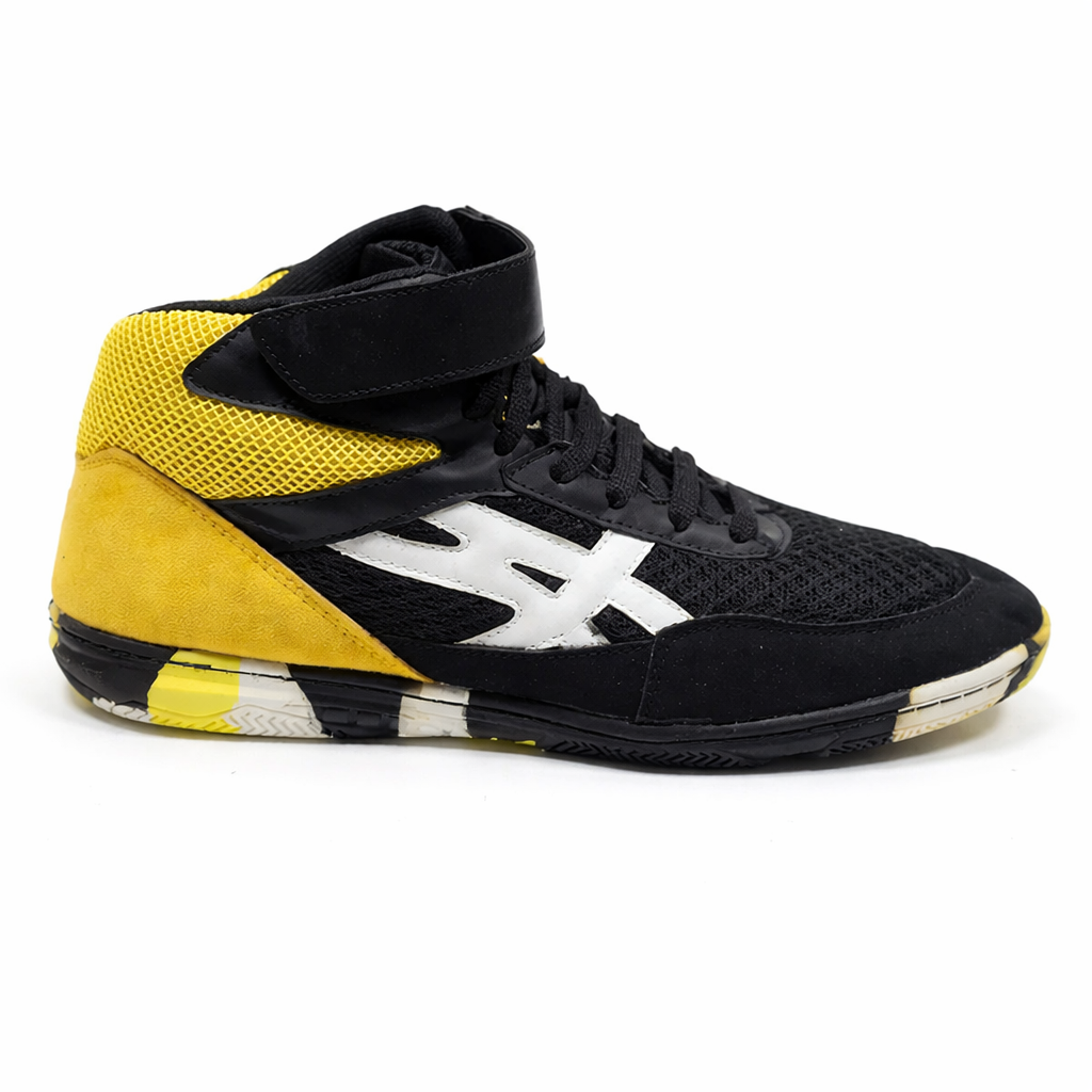 کفش کشتی اسیکس وارداتی مدل مشکی زرد – سبک، چسبنده و حرفه‌ای