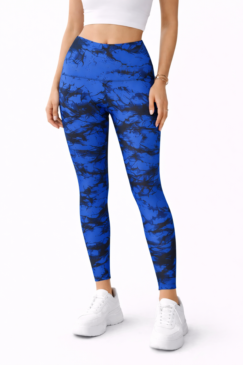 لگ ورزشی زنانه آبی طرح سنگی | کمر پهن، فرم‌دهنده و مناسب باشگاه و فیتنس