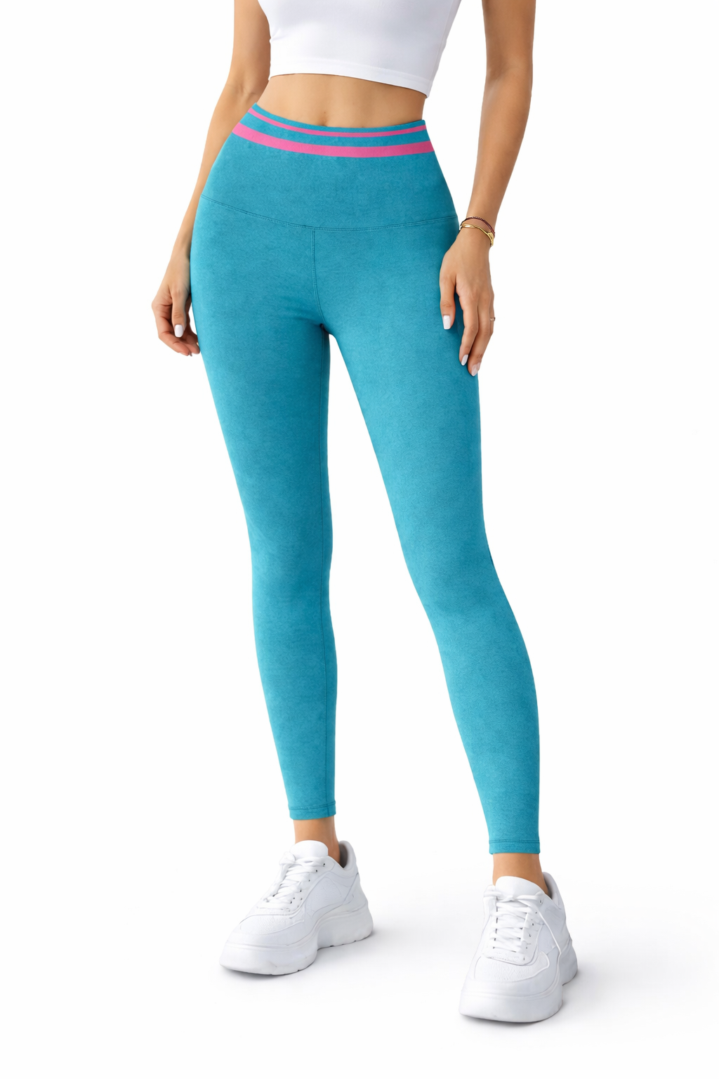 لگ ورزشی زنانه فاق بلند سبز آبی راه‌راه وارداتی | لگ بدنسازی Seamless چین‌دار فرم‌دهنده