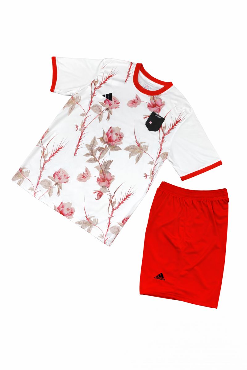 کیت گل‌دار آدیداس سفید قرمز اورجینال| ست پیراهن و شورت | طرح فانتزی خاص