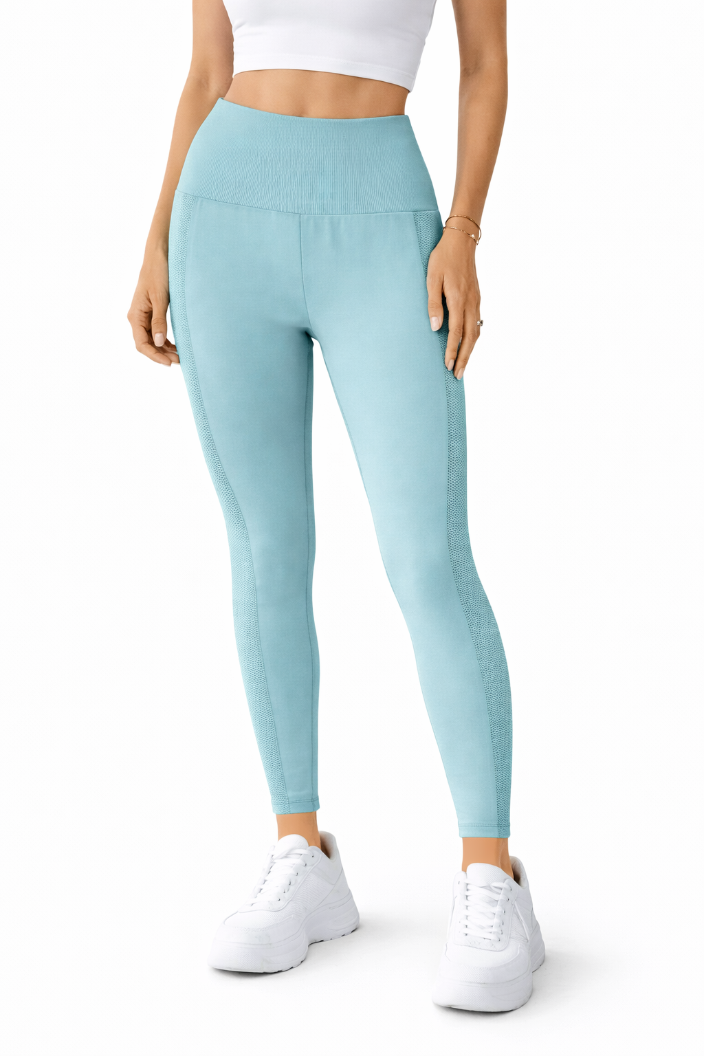 لگ ورزشی زنانه فاق بلند فیروزه‌ای | لگ بدنسازی و یوگا بدون درز کشسان