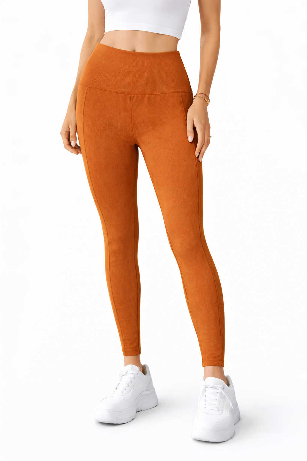 لگ ورزشی زنانه فاق بلند نارنجی سوخته | لگ بدنسازی Seamless با پنل تنفس‌پذیر