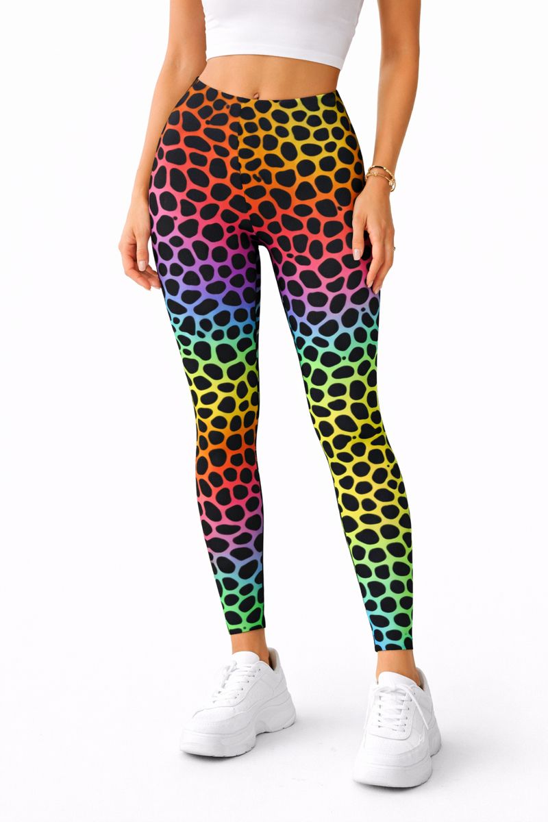 لگ ورزشی زنانه فاق بلند طرح پلنگی رنگین‌کمانی وارداتی پشت چین| لگ جذب باشگاهی و یوگا