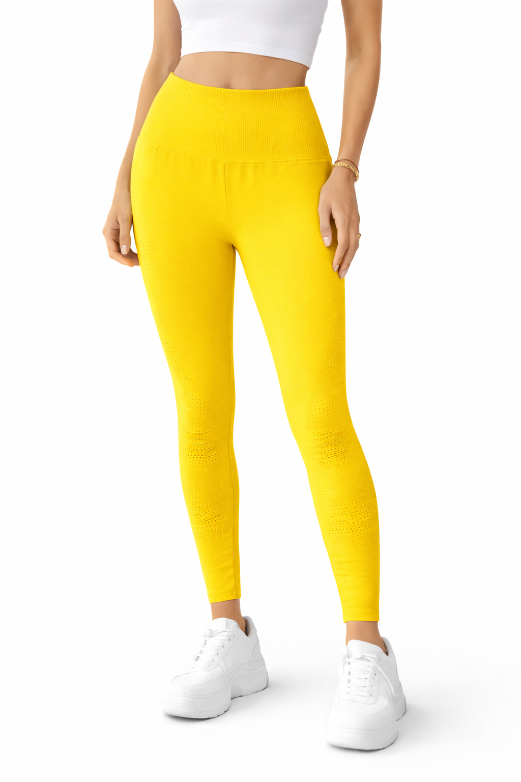 لگ ورزشی زنانه فاق بلند زرد کمر گنی وارداتی | لگ بدنسازی Seamless با پنل تنفس‌پذیر و کمر پهن