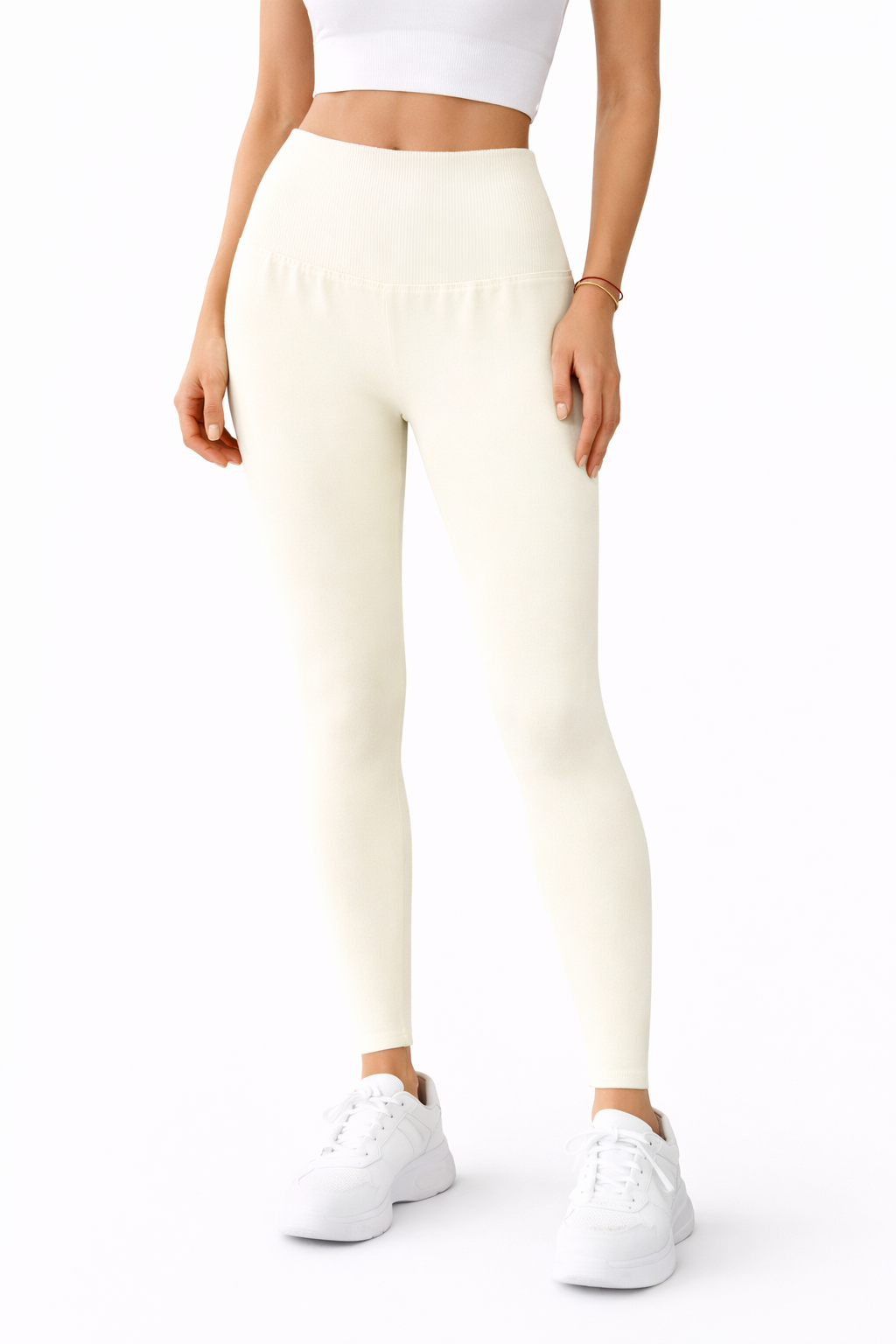 لگ ورزشی زنانه فاق بلند رنگ شیری وارداتی پشت چین | لگ جذب ساده مناسب باشگاه، یوگا و تمرین روزانه